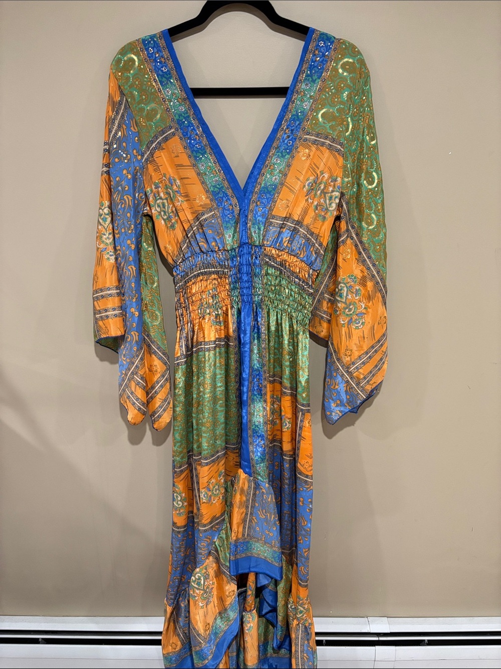 Silk bell sleeve hi low maxi dress
